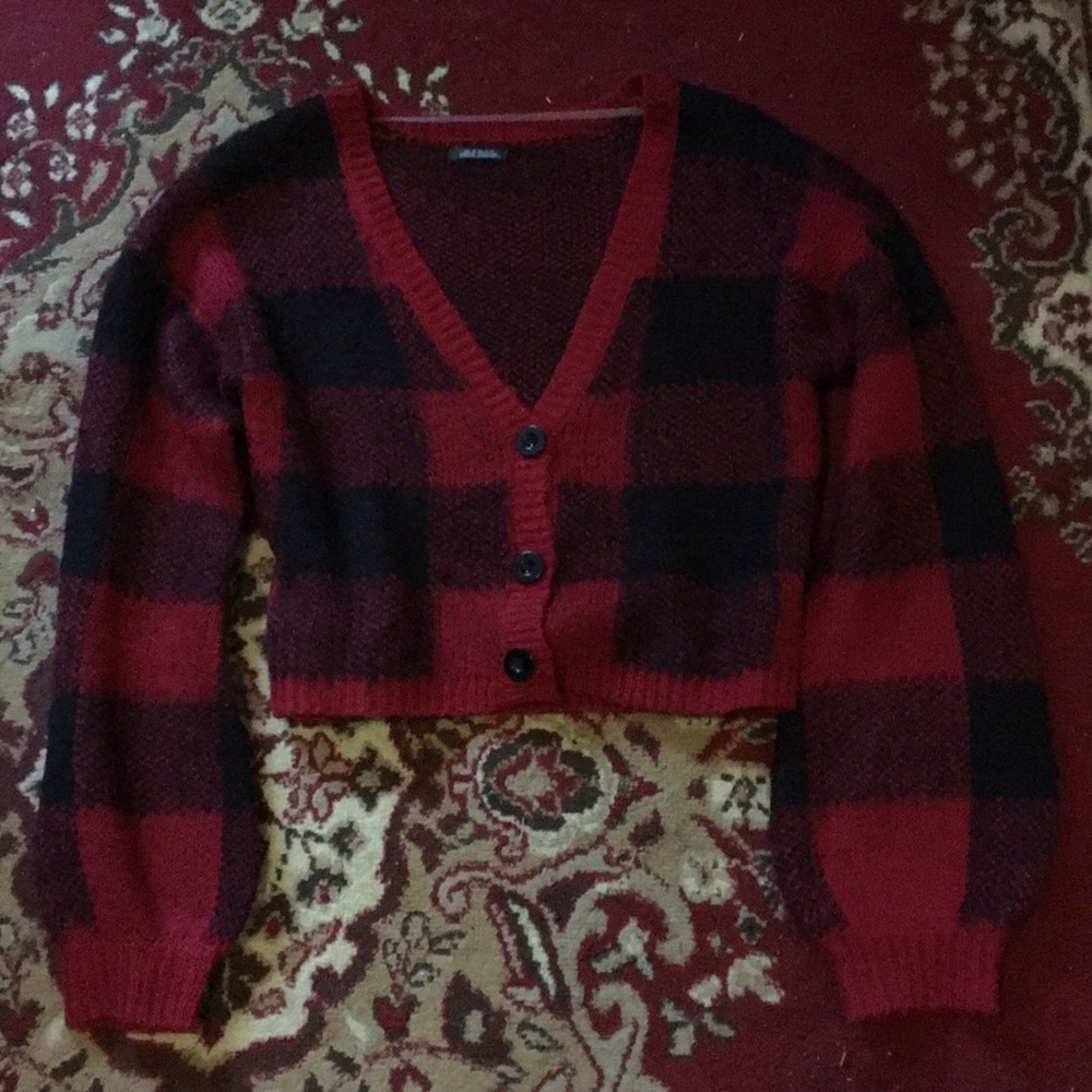 Red button down cropped cardigan